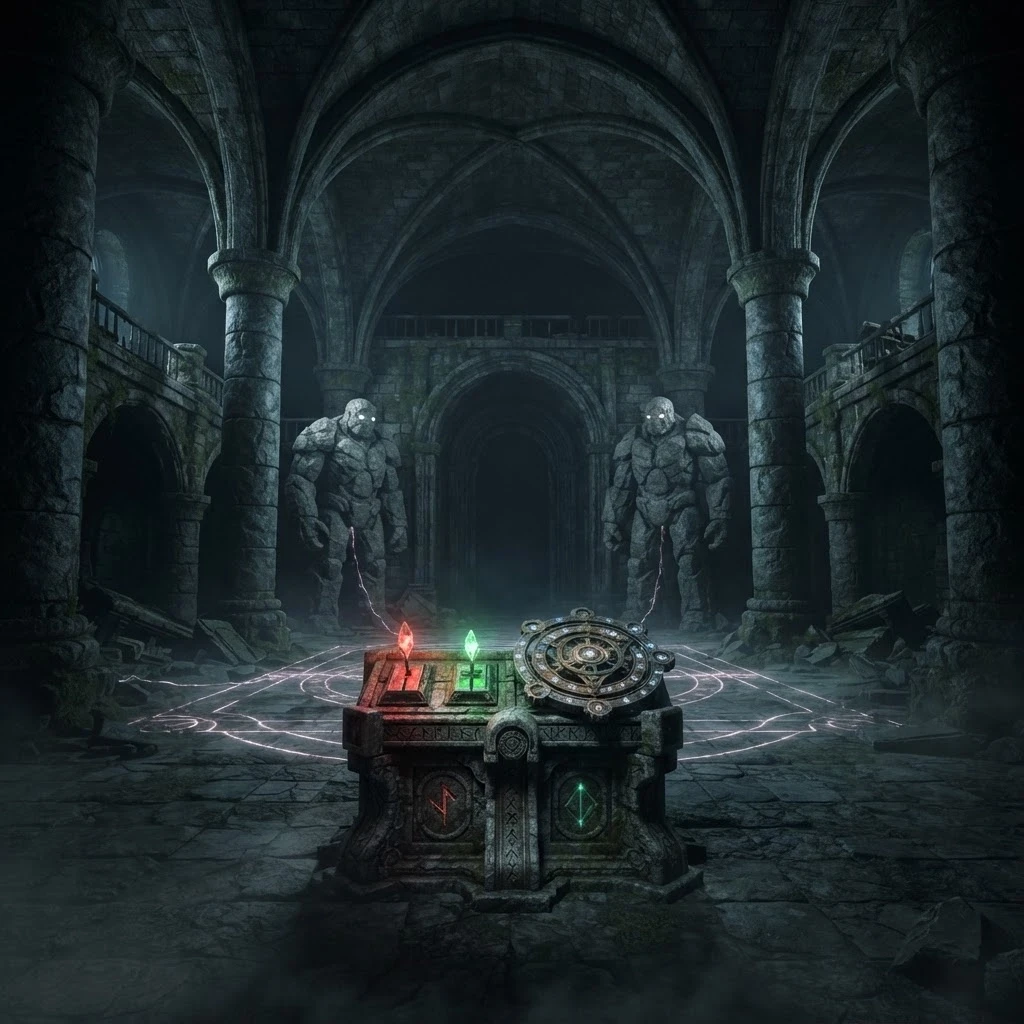 Dark fantasy Dungeons &amp; Dragons dungeon, enormous ancient stone hall, high vaulted ceiling, massive stone columns, dark mysterious atmosphere. Two gigantic stone guardian…