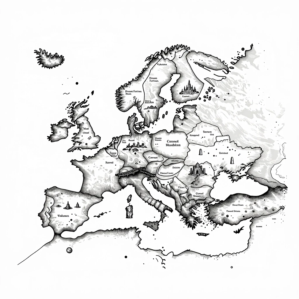 top-down authentic gritty dark fantasy large-scale strategic nautical map, high-detail medieval woodcut style, inspired by Tainted Grail: Fall of Avalon. Pure white background…