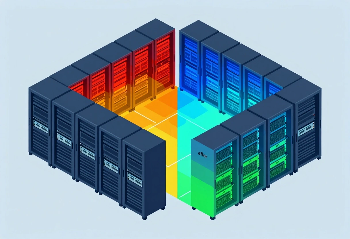 Isometric split-view comparison of a data center server room. Left half shows "before": red and orange heat zones, chaotic airflow, overheated server racks,…