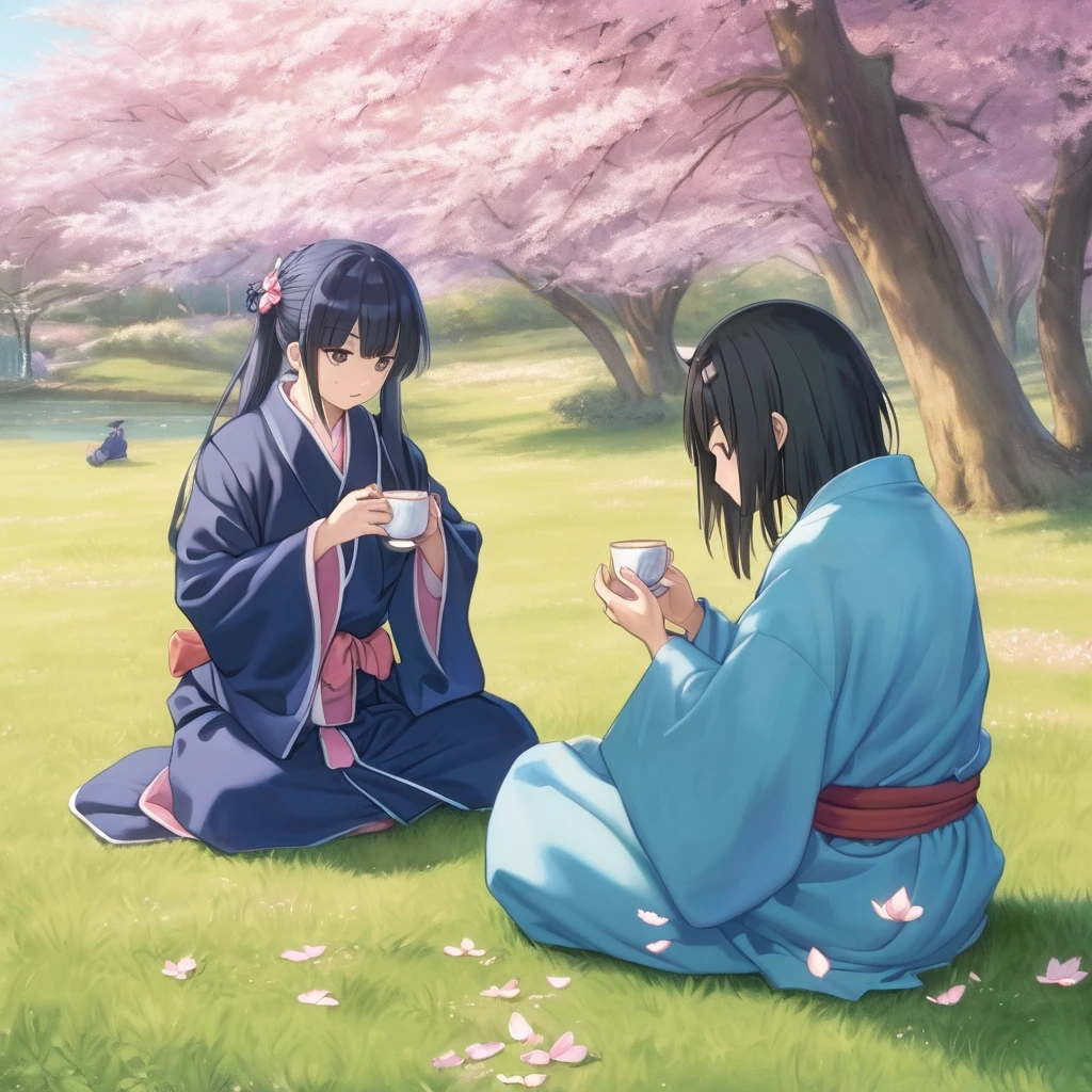 a couple of people that are sitting in the grass, a picture, by Jin Homura, tea, wearing a blue robe The girl opens her robe (not completely), sakura petals cover her chest…