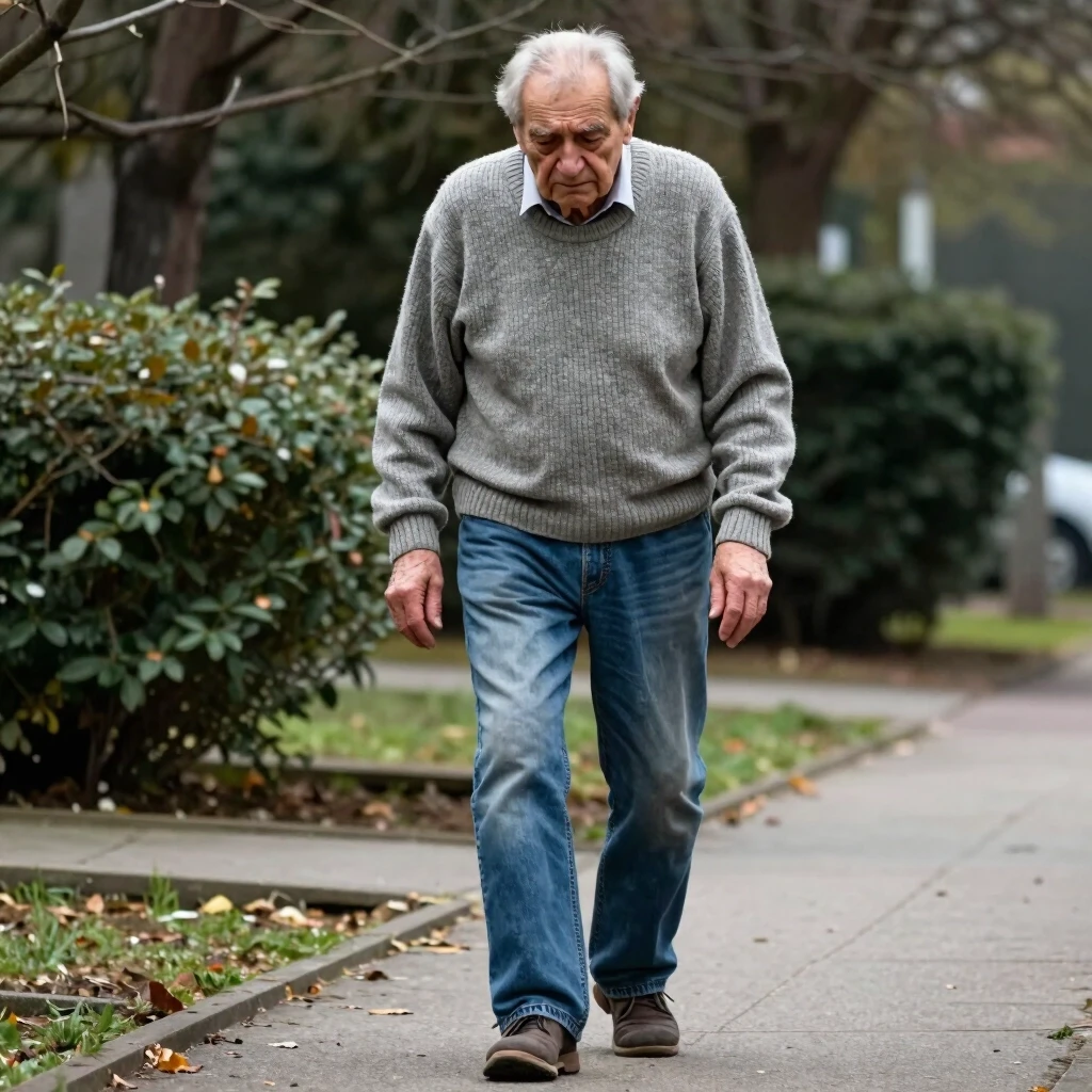 A realistic depiction of an elderly European man with Parkinson's disease is needed. The typical walking position for such patients is: the corpus and head are slightly…