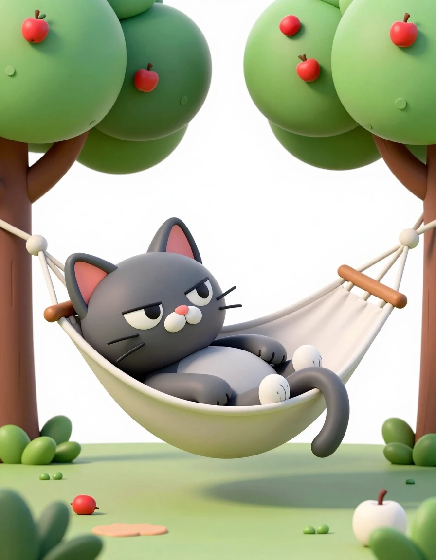 A masterpiece. Create an image. Three-dimensional image: ((Gray cat with sly, sly eyes):1.6 dozing in a hammock under the apple trees in the garden):1.6, clear edges, clear…