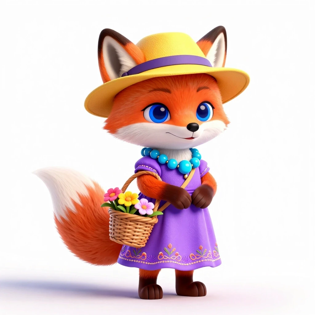 3D rendering of a boho anthropomorphic fox with blue eyes. She is wearing a yellow Panama hat, a purple long dress with embroidery, and large bright beads. The cute fox is…