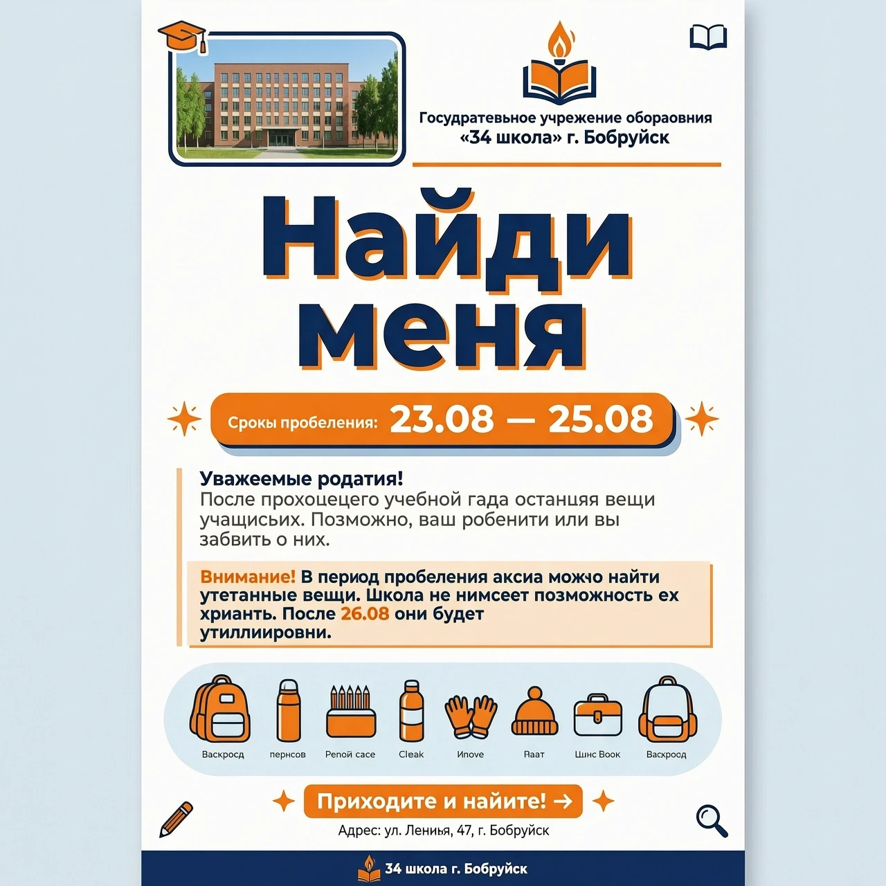 Создать фото в сине-оранжевых оттенках на белом фоне по тексту для 34 школы г. Бобруйск: Акция "Найди меня". Сроки проведения: 23.08 по 25.08 Уважаемые родители! После…