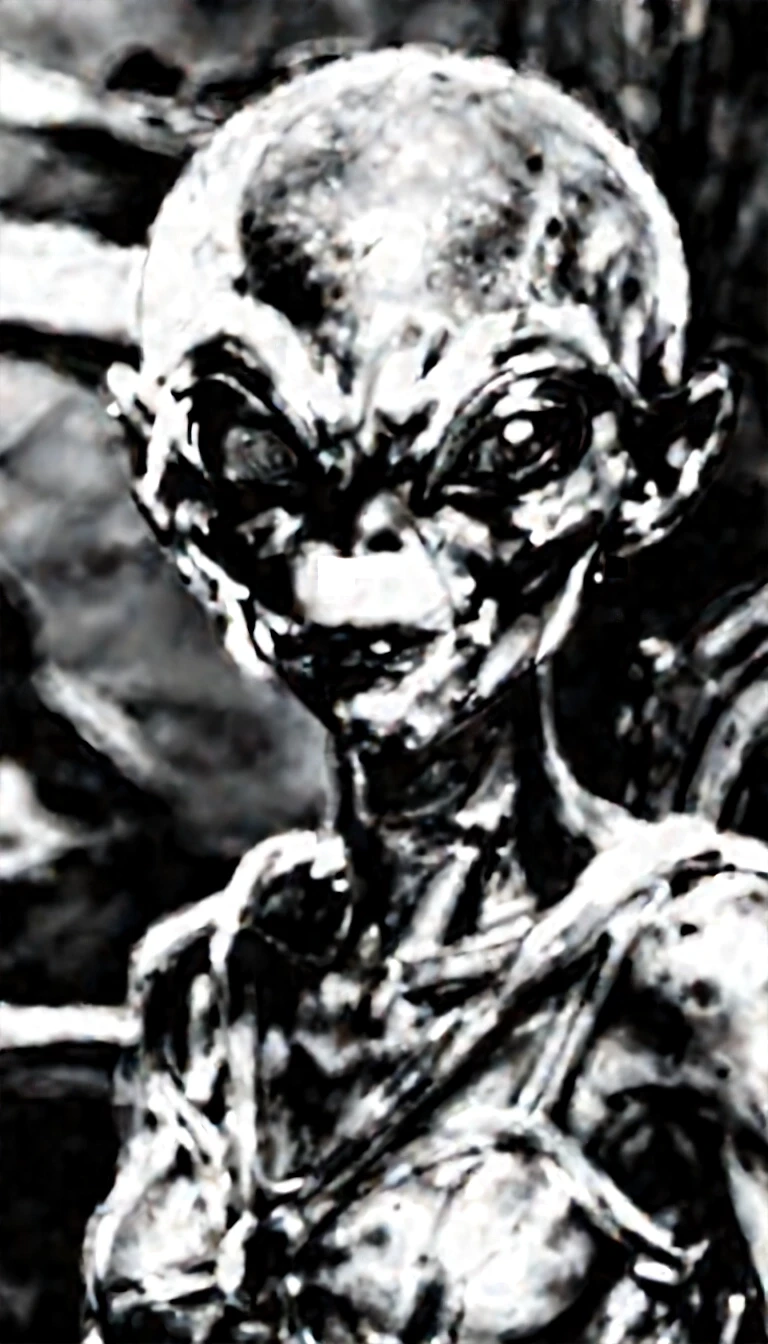 a realistic close-up shot of an alien-woman with black solid eyes, dressed with a white tunic, he's looking at the camera, detailed skin with monochrom pattern on face, in a…