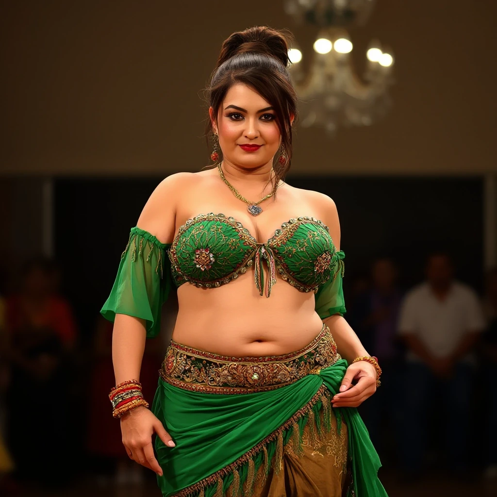 front view chubby belly dancer fifty years woman in green costume brown short ponytail hair stand in hall — работа пользователя Прекрасная Мантикора