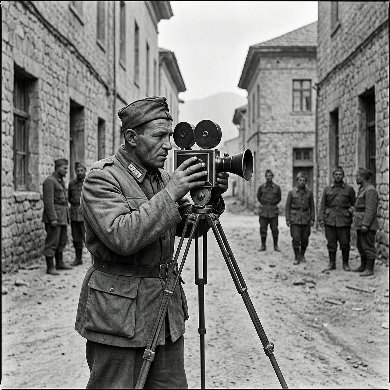 Югославия, 1944 год, сербский партизан снимает на кинокамеру обстановку в сербском городе — работа пользователя Звёздный Отголосок