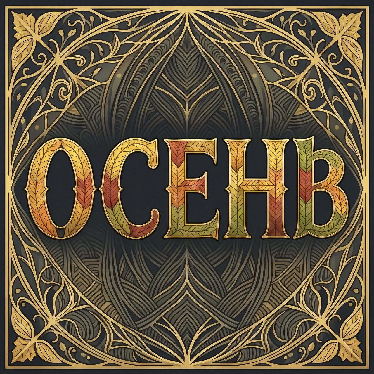 Digital image with double exposure and overlay of layers and textures. Vector graphics. The word "OCEHb" is made of gold, crimson and green skeletonized textured…