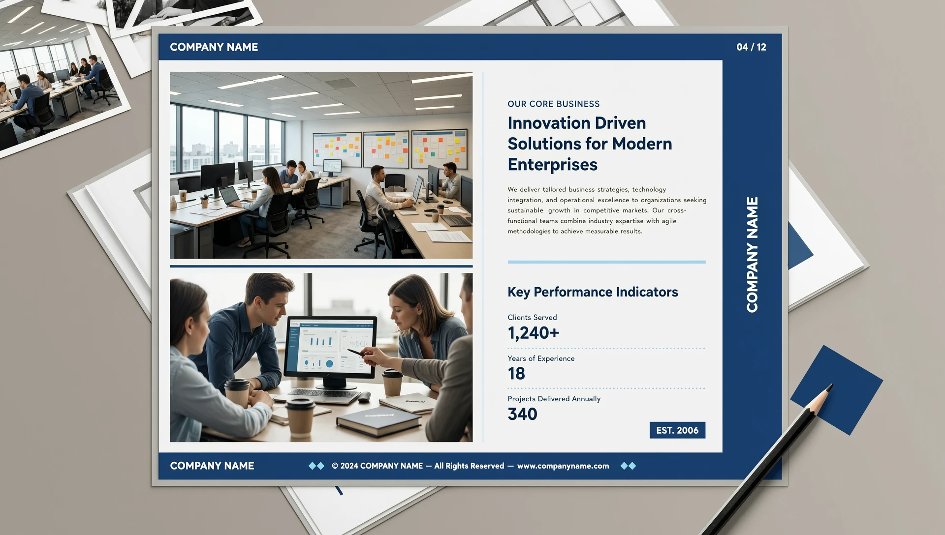 Design a page for a corporate album about the company. Format: horizontal A4. Corporate colors: blue and white. The page should feature several photographs occupying most of the…