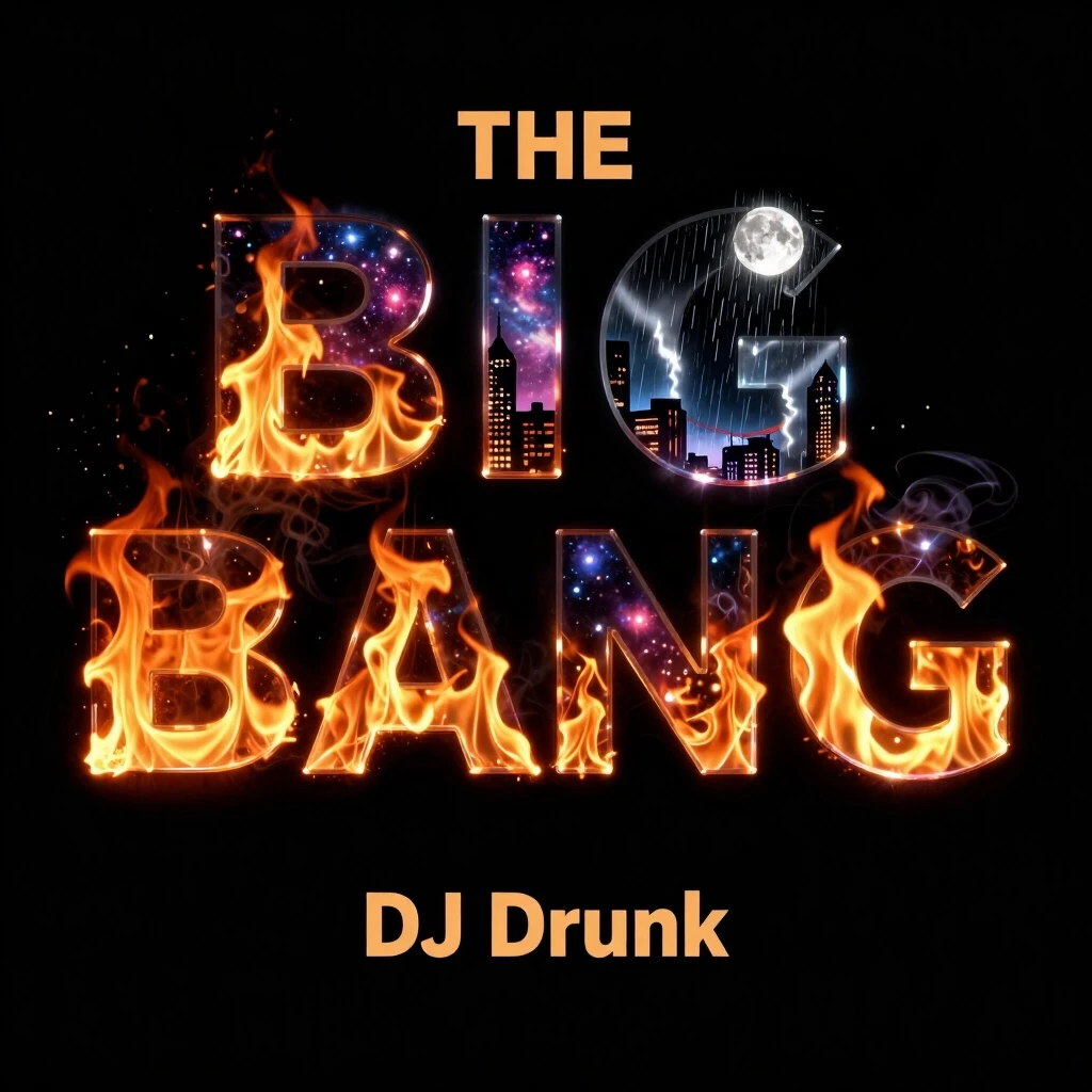 DJ Drunk' (СНИЗУ) THE BIG BANG THEORY (ПО СЕРЕДИНЕ) Стиль - фотореализм,АБСТРАКЦИЯ Тона - черные. Шрифт - буквы прозрачные, внутри которых -…