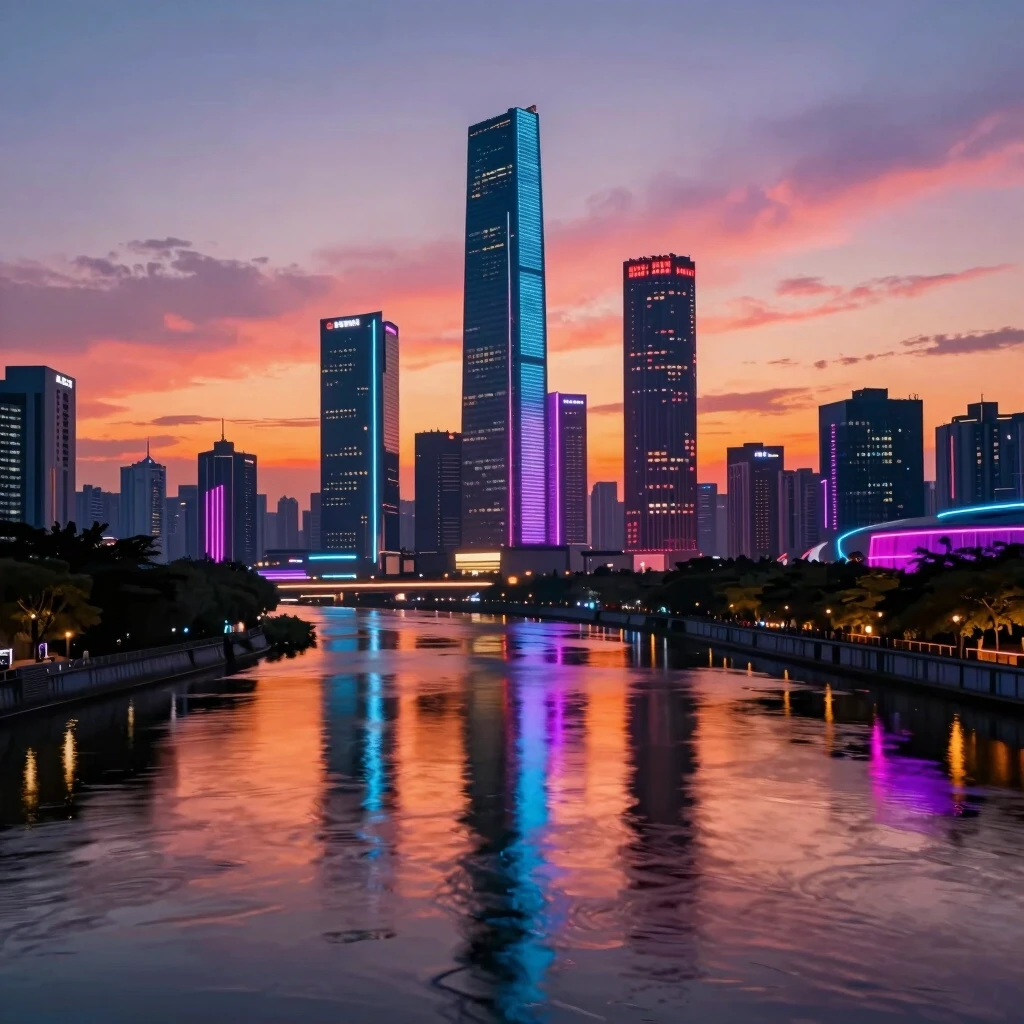 A serene sunset over a futuristic city, with glowing neonlights reflecting on a calm river, cyberpunk style, highly detailed, vibrant colors, 4K resolution. — работа…