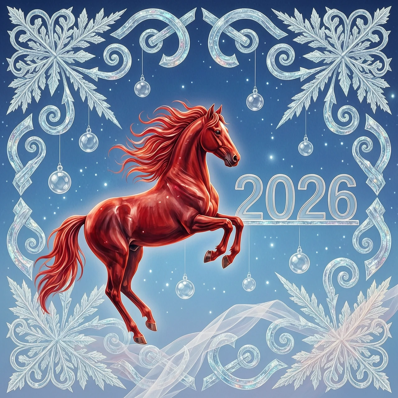 In the double exposure style. An ephemeral mythical creature in the form of a beautiful scarlet fiery horse with a long wavy mane collects the word "2026" from glass…