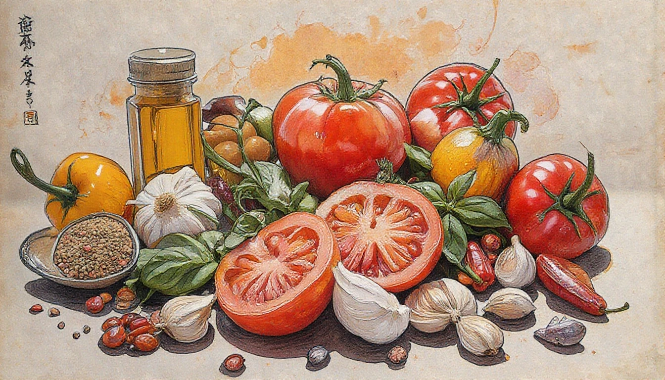 Фронтальный вид с боку. Старая бумага. Tomatos, basilik, чили перец, чеснок, пряности, специи. — работа пользователя Многоцветная Прозрачность