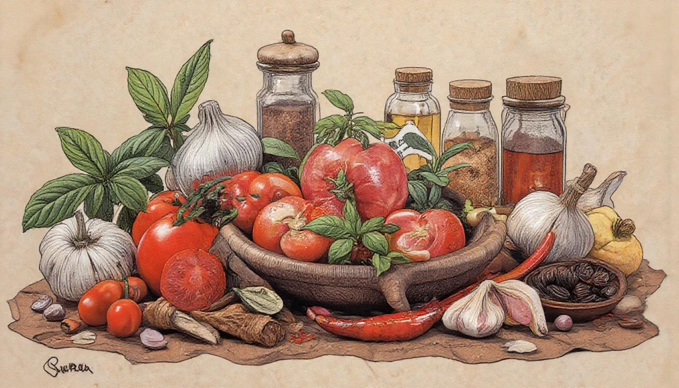 Фронтальный вид с боку. Старая бумага. Tomatos, basilik, чили перец, чеснок, пряности, специи. — работа пользователя Многоцветная Прозрачность