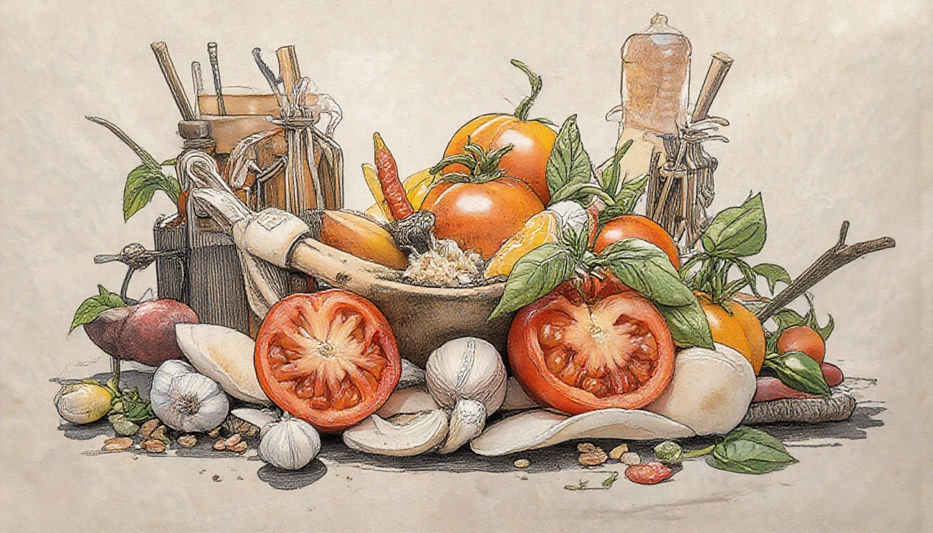 Фронтальный вид с боку. Старая бумага. Tomatos, basilik, чили перец, чеснок, пряности, специи. — работа пользователя Многоцветная Прозрачность