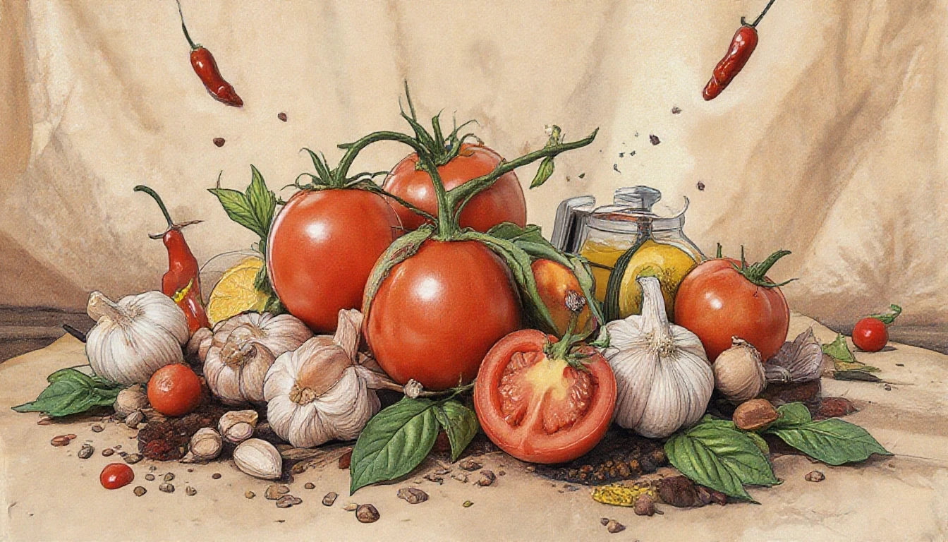 Фронтальный вид с боку. Старая бумага. Tomatos, basilik, чили перец, чеснок, пряности, специи. — работа пользователя Многоцветная Прозрачность