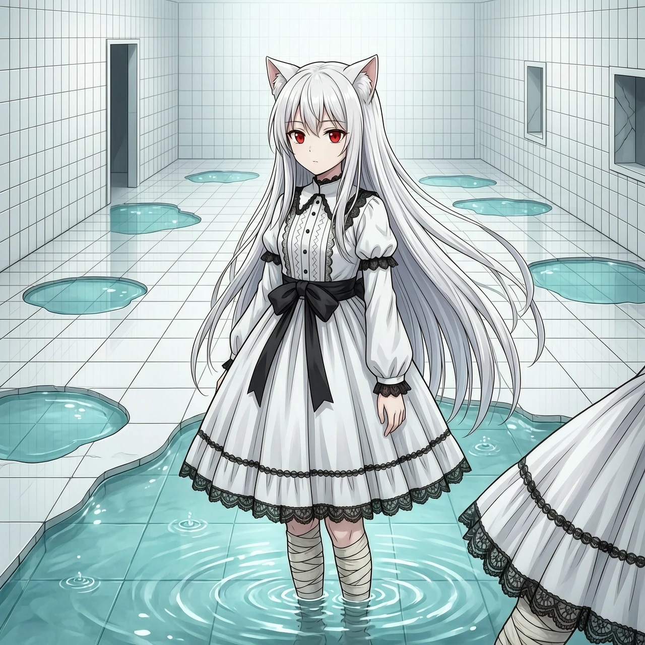 Anime style, a girl with very long flowing white hair, cat ears, and bright red eyes. She is wearing a white gothic-style outfit with bandages on her arms and legs. She is…