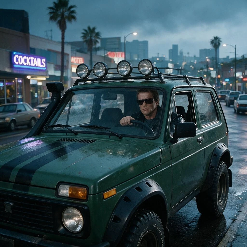 Terminator is driving a Niva with a rally body kit with a face from a reference photo, humid atmosphere, cinematic composition, photorealistic, close up view, movie still style,…