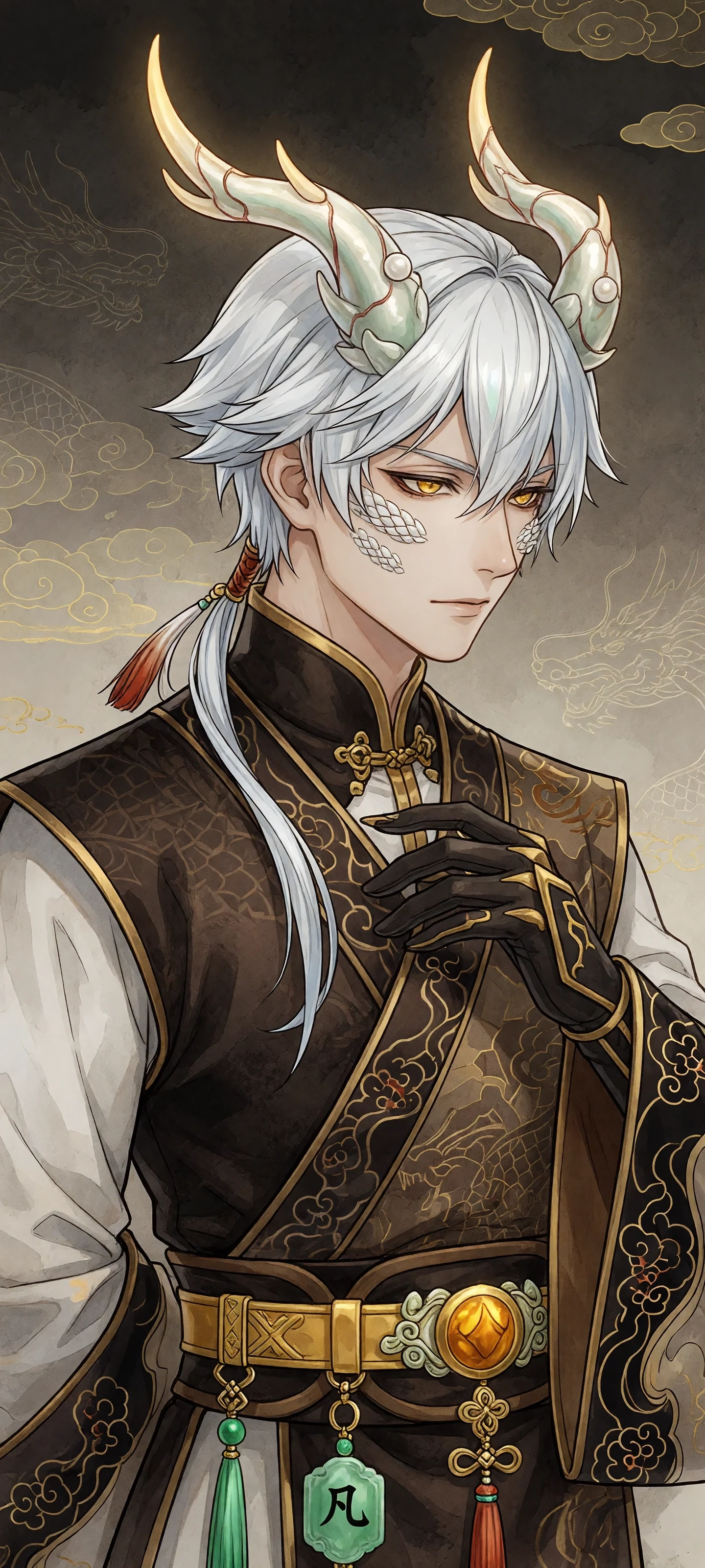 The man has horns on his head like a Chinese dragon, white hair, with 2–3 white scales on each cheek; his hair is short and white, with one braid at the back; he is wearing a…