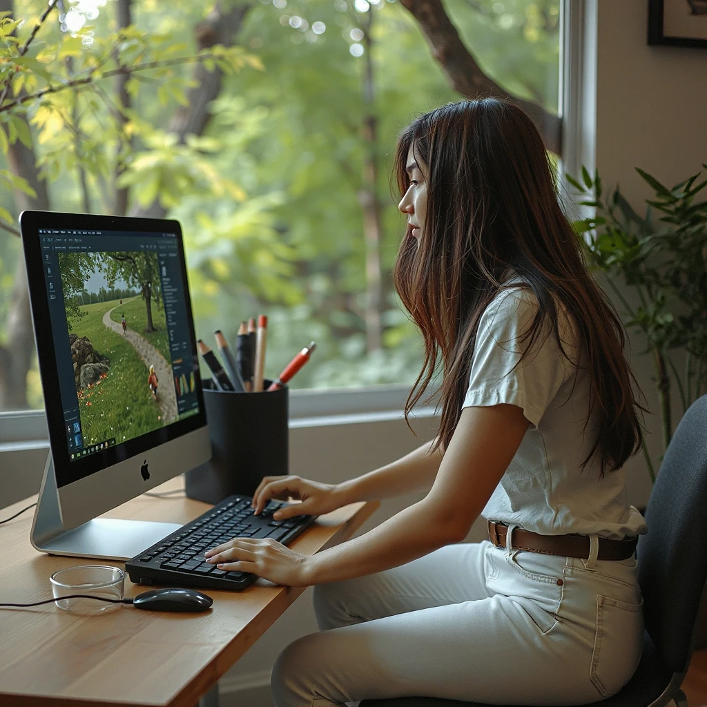 Woman playing computer game. Dark long hair, white jeans, white t-shirt. Nature — работа пользователя Могущественный Танец
