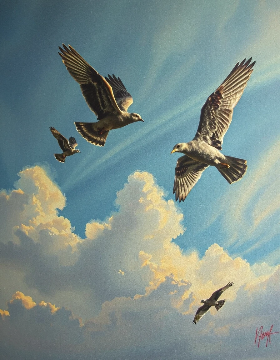 A masterpiece. Oil painting. Birds flying in a wedge formation in the sky. Increased attention to small details. Close-up. Danish angle. Octave filter. High resolution. 8K.…