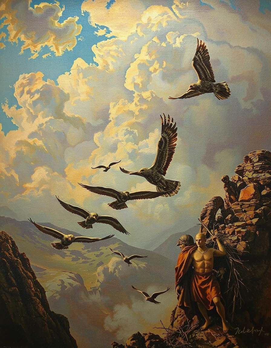 A masterpiece. Oil painting. Birds flying in a wedge formation in the sky. Increased attention to small details. Close-up. Danish angle. Octave filter. High resolution. 8K.…