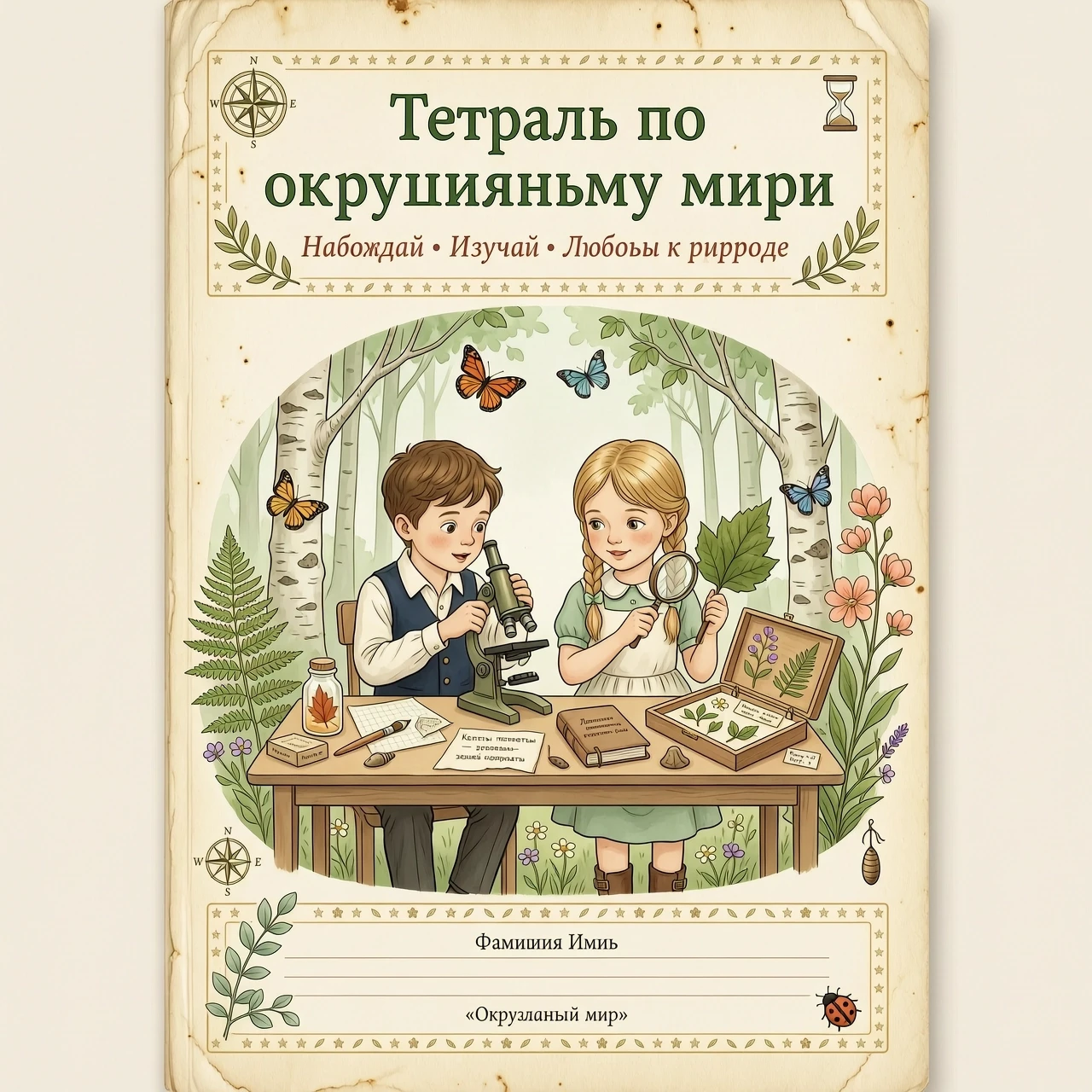 Картинка в винтажном стиле в пастельных тонах . Вокруг изображение красивой природы. Вверху картинки надпись красивым шрифтом без ошибок Тетрадь по окружающему миру . В центре…