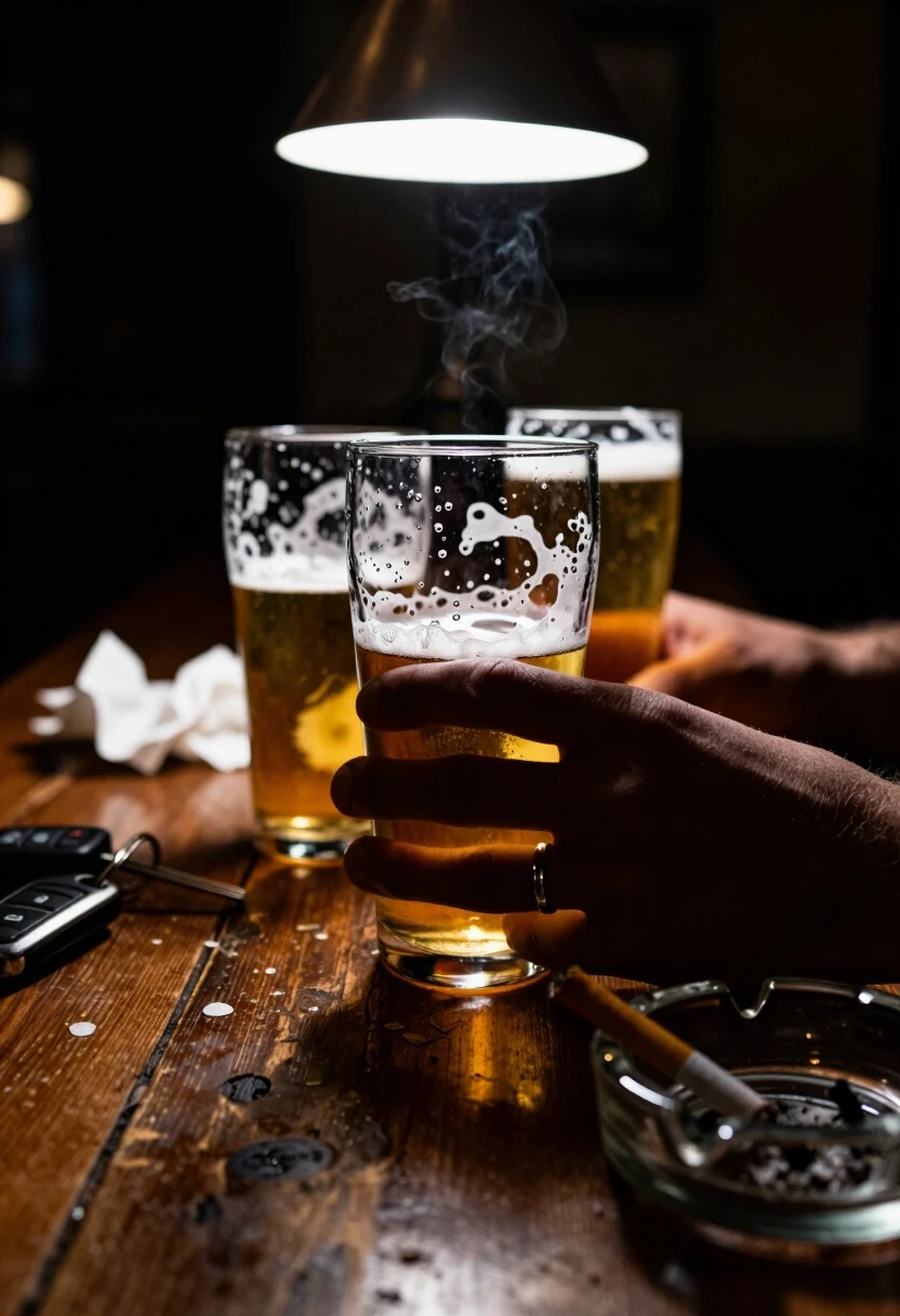 Prompt: A hyper-realistic, melancholic cinematic still, 8k RAW. An extreme close-up, low-angle shot of a weathered, dark oak bar table. Two half-empty beer glasses stand in the…