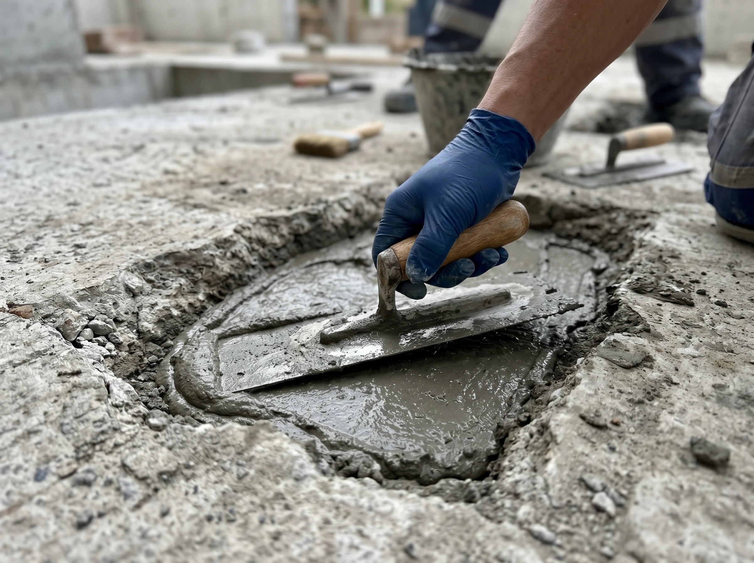 Create a highly realistic, ultra-detailed 4K photograph capturing the precise moment of concrete surface repair. Central Focus: A human hand wearing a snug-fitting dark-blue…