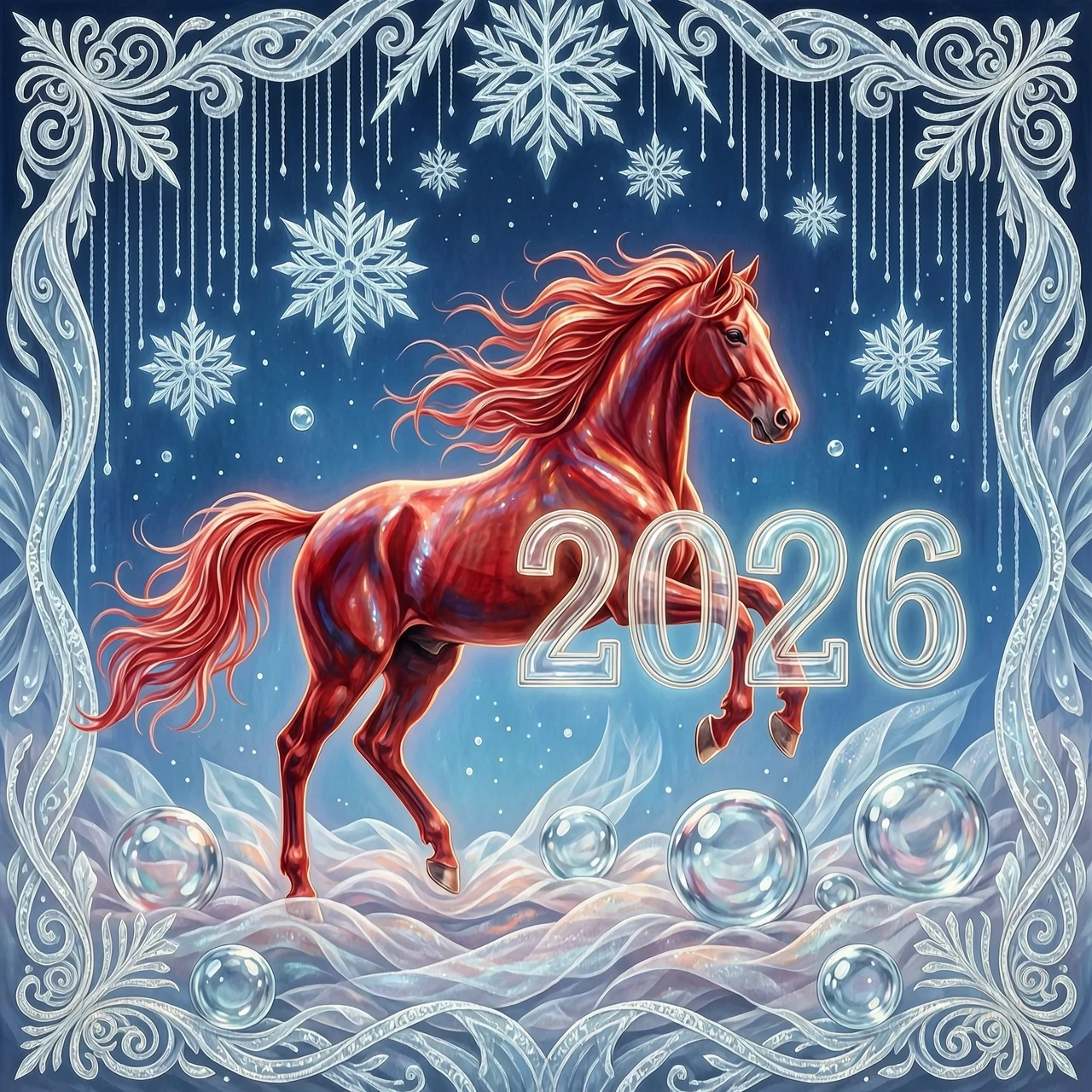 In the double exposure style. An ephemeral mythical creature in the form of a beautiful scarlet fiery horse with a long wavy mane collects the word "2026" from glass…
