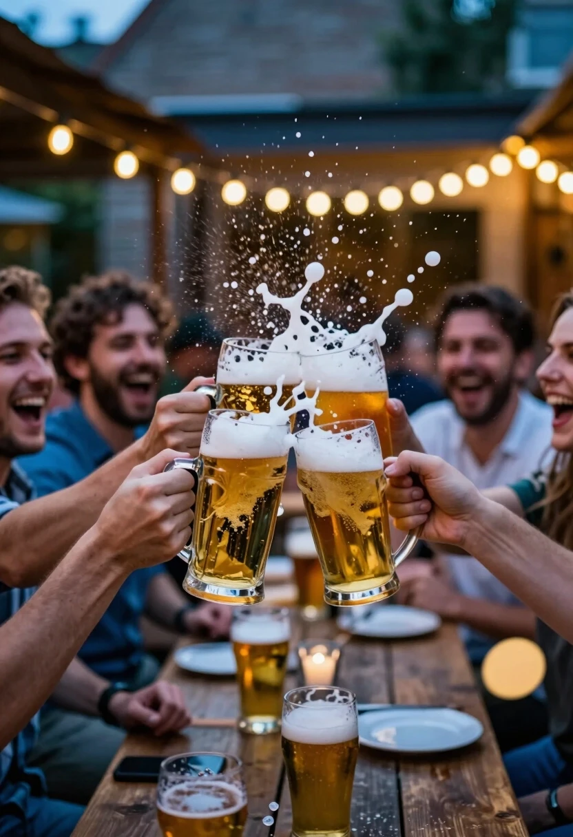 Prompt: A dynamic, high-speed realistic wide-angle shot, 8k RAW. The centerpiece is a violent and joyful collision of four different beer glasses—heavy mugs and elegant…