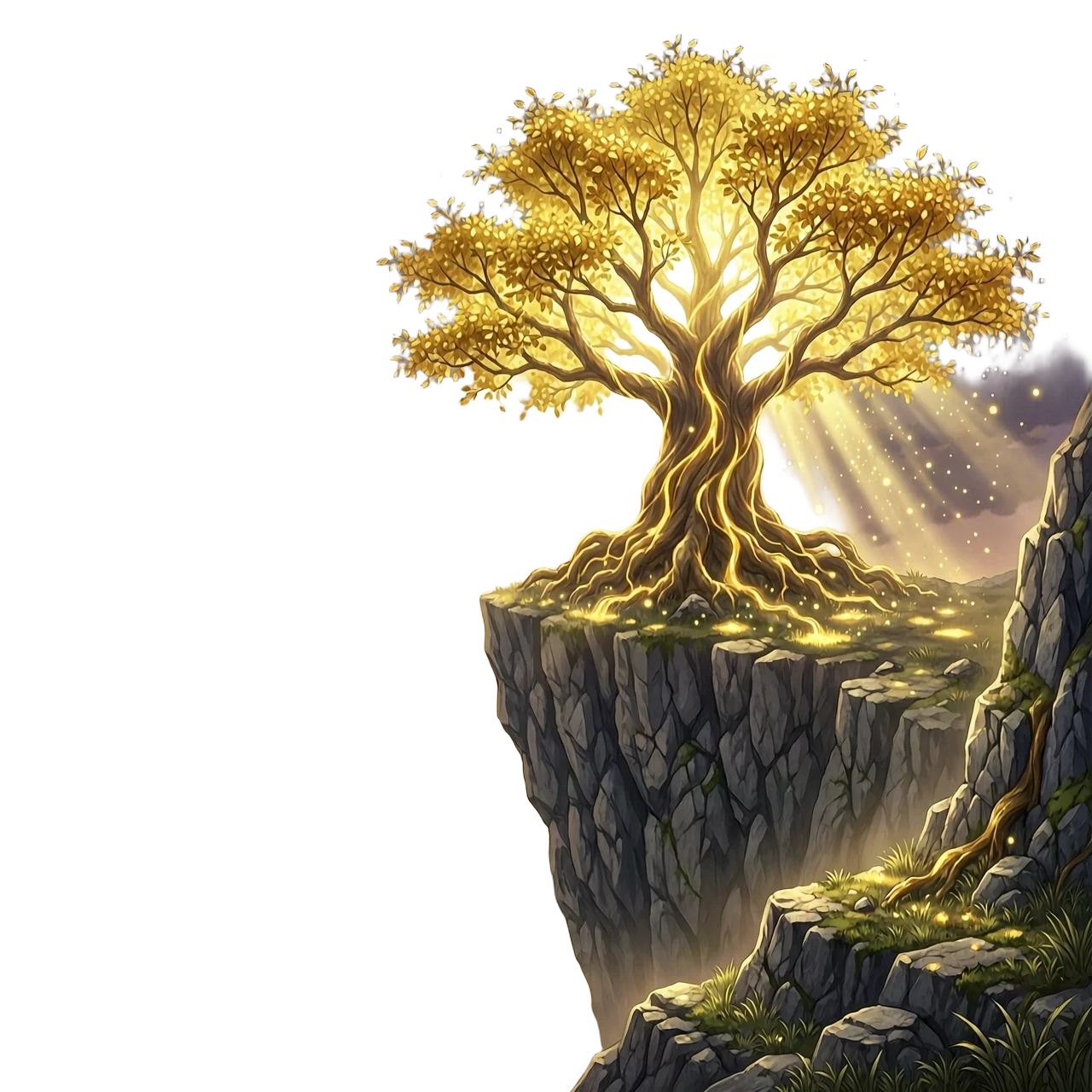 The Erdtree from Elden Ring, a colossal, glowing celestial tree radiating intense golden light and shimmering ethereal particles, perched majestically atop a jagged, precipitous…