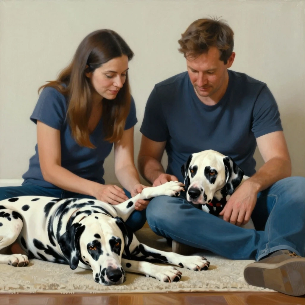 Realistic painting of a family couple saying goodbye to a Dalmatian dog. The woman and man are sitting on the floor. The dog is lying on a rug. The dog's head is on the…