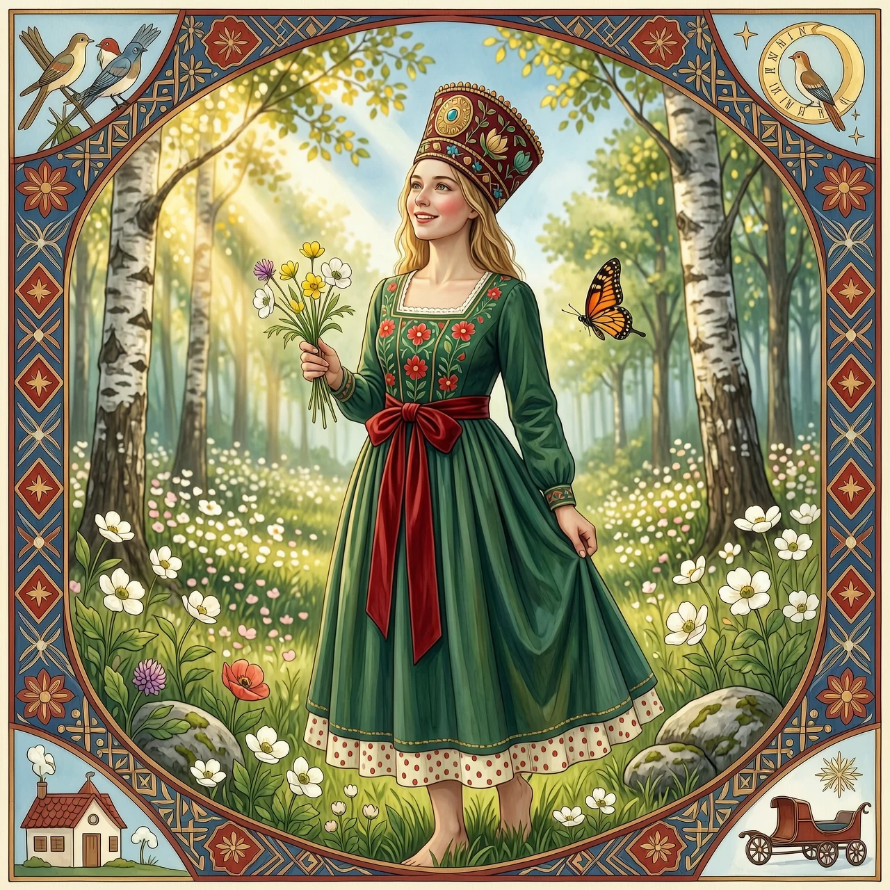 Russian Russians: A detailed portrait of a young woman of Slavic appearance from the 16th century in a traditional long Russian sundress and a traditional Russian cocoanut…