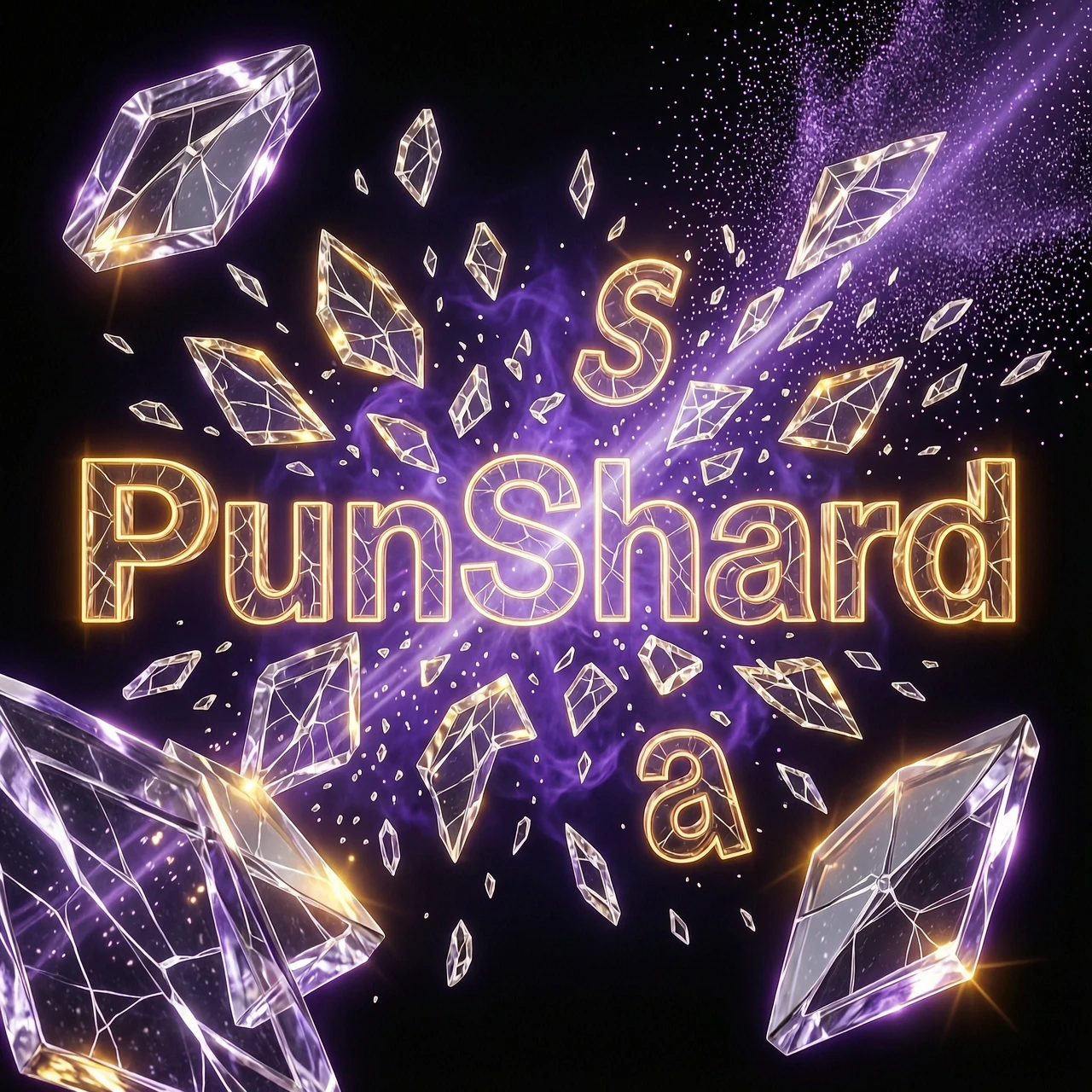 Cinematic digital art masterpiece of the typography "PunShard" undergoing a violent, high-speed fragmentation. The letters are shattering into thousands of sharp,…
