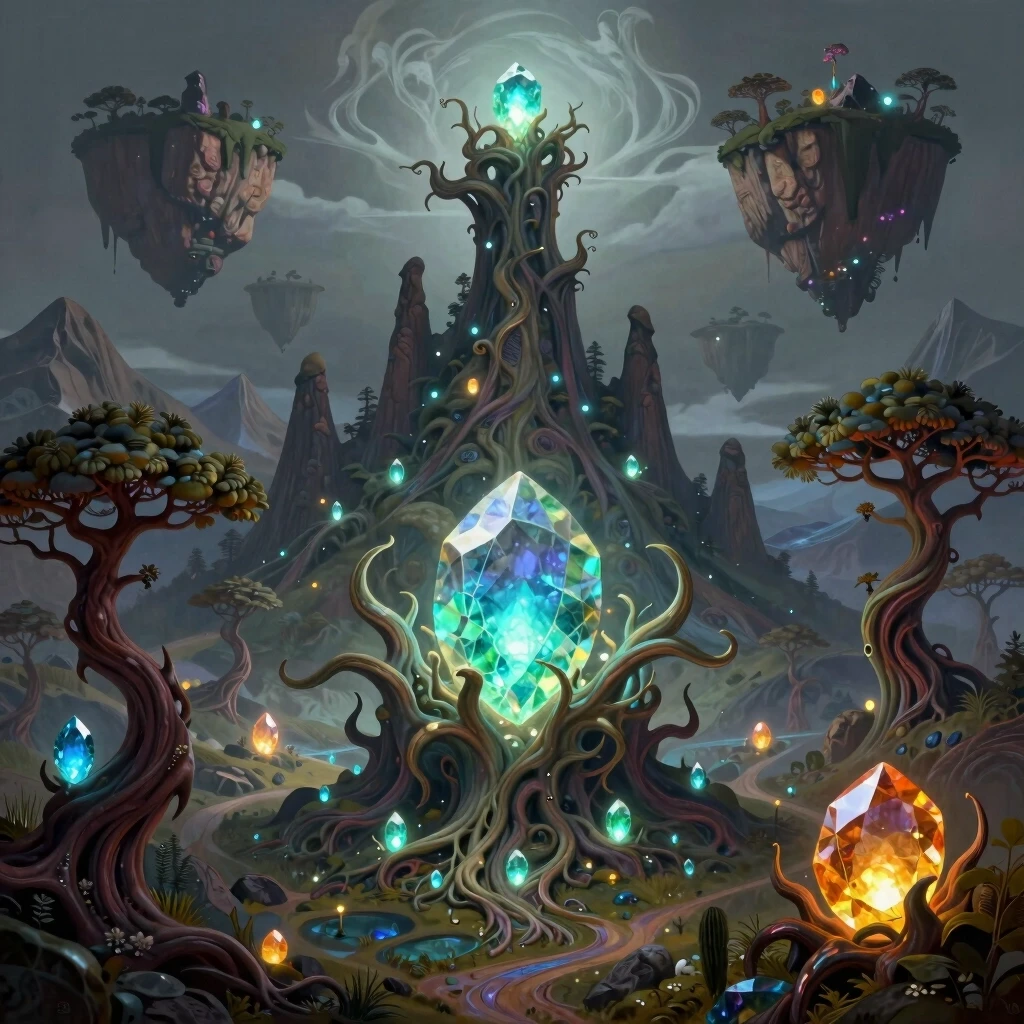 Turkish mountains, mystical, glowing gems, weird trees and rock formations, flying islands, highly detailed, digital painting, artstation, concept art, smooth, sharp focus,…