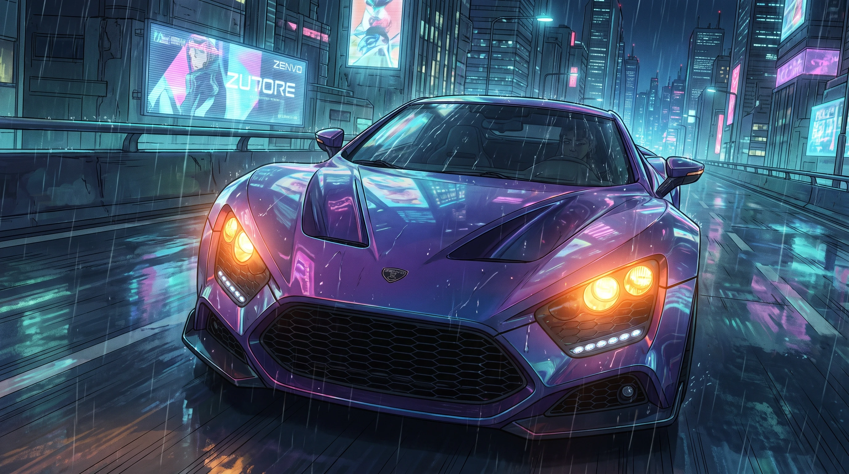 Zenvo Aurora, едет по дороге, эпичный ракурс, горящие фары, шедевр, крупный план, стиль аниме с реалистичными деталями, киберпанк, — работа пользователя Весенний Герой