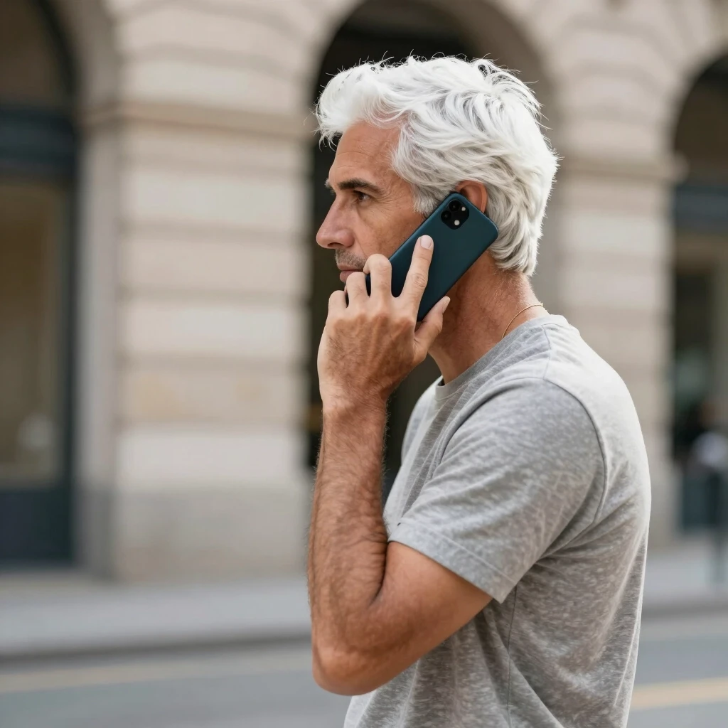 A guy with white hair is talking on a mobile phone, standing in profile — работа пользователя Космический Полет