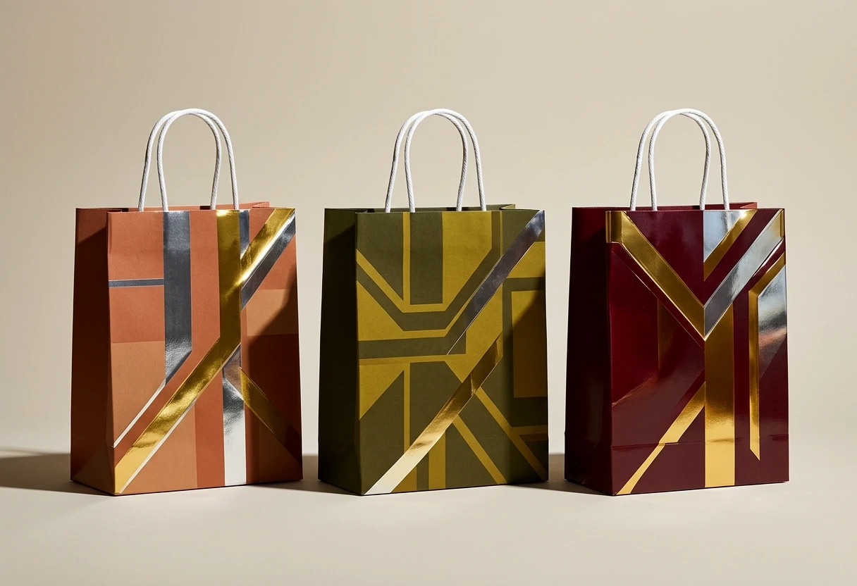 Three premium paper shopping bags standing side by side on a stark, matte light beige background with no gradient, white twisted rope handles, photorealistic product photography…