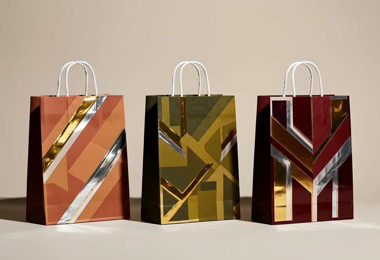 Three premium paper shopping bags standing side by side on a stark, matte light beige background with no gradient, white twisted rope handles, photorealistic product photography…