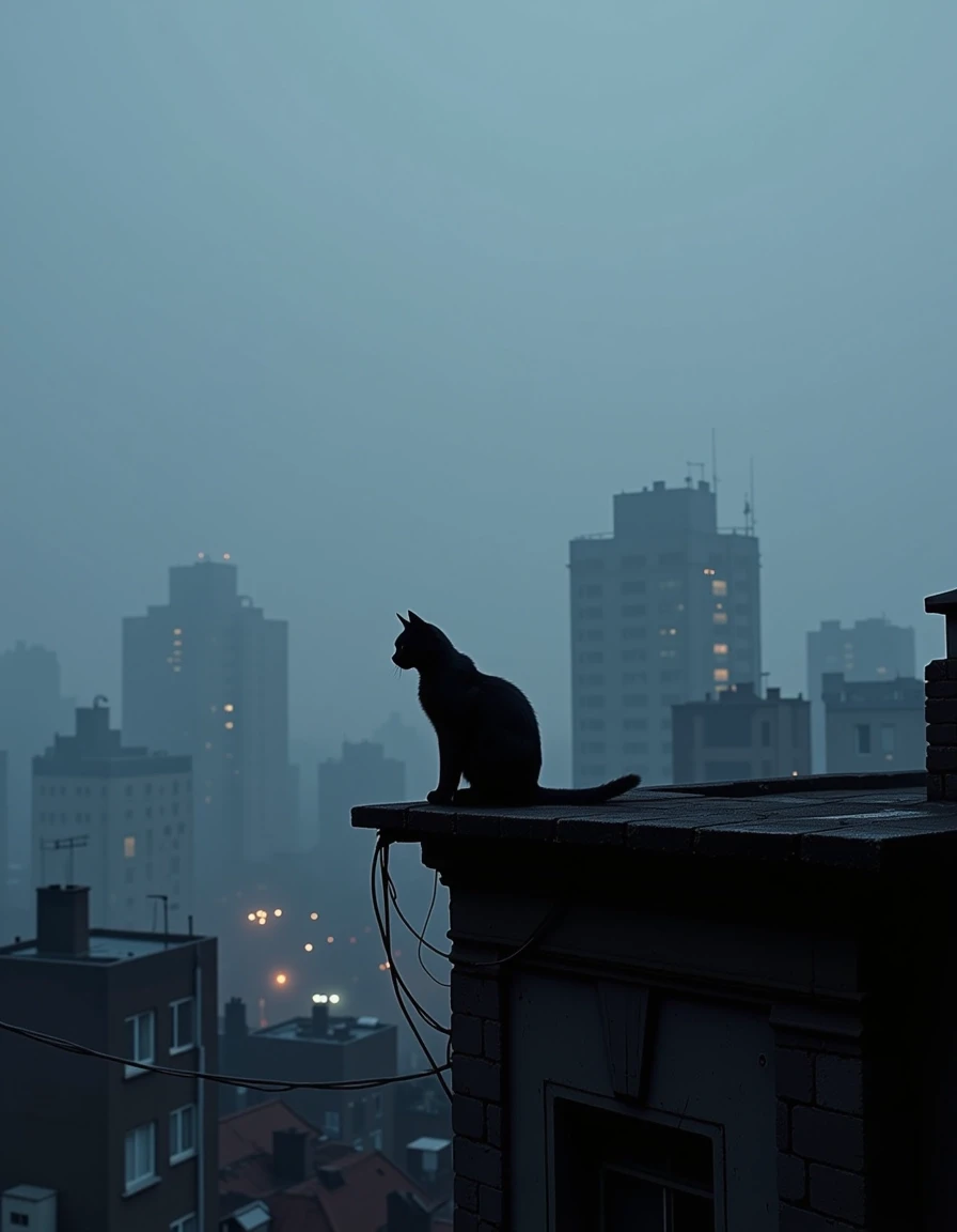 Symbolic moody scene, black cat sitting on rooftop edge, thick fog, distant city lights through mist. Consistent black cat design. Cat fading into fog gradually. Minimal…