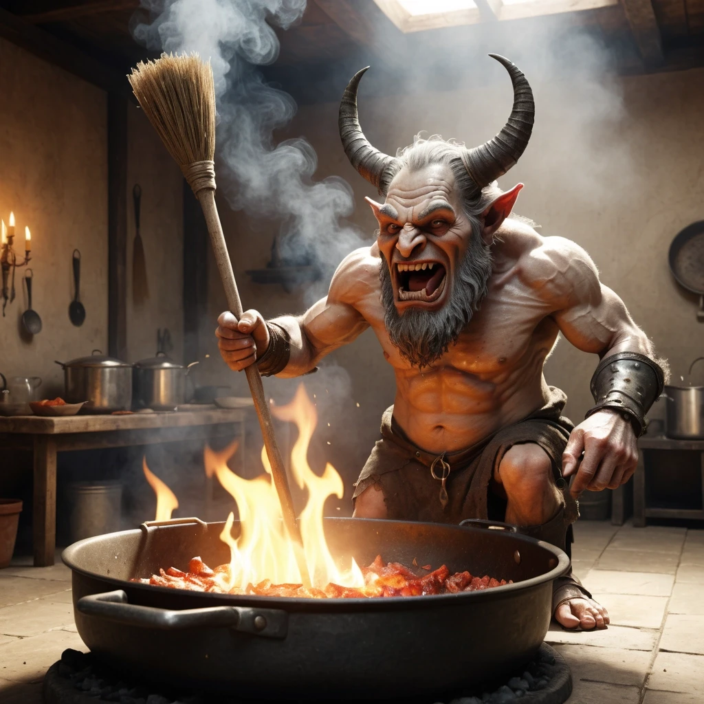 In the style of Jean Baptiste Monge, caricature grotesque humor, devils frying a sinner on a giant frying pan in hell, and the sinner is happily steaming himself with a birch…