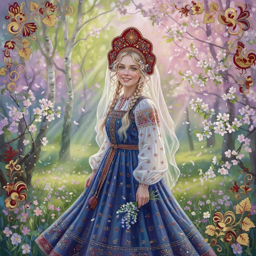 Russian Russians: A detailed portrait of a young woman of Slavic appearance from the 16th century in a traditional long Russian sundress and a traditional Russian cocoanut…
