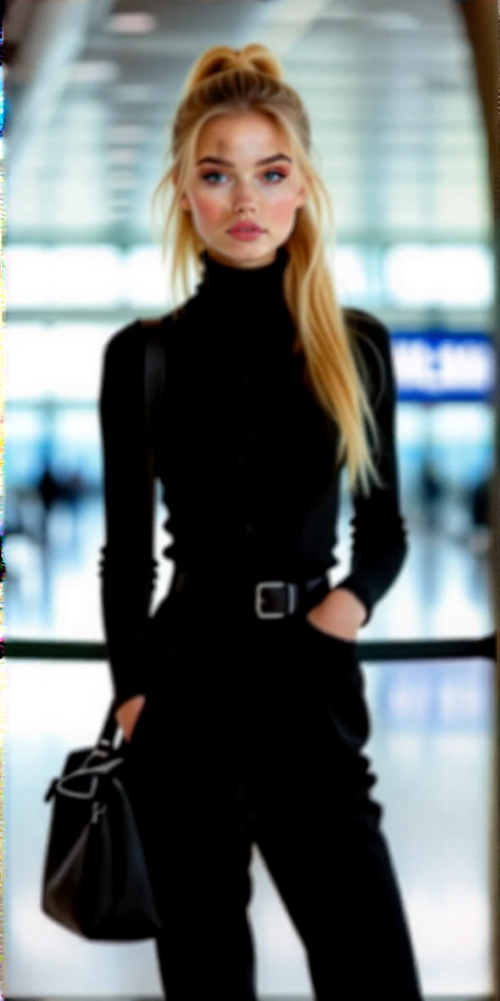 oil painting portrait of a beautiful blonde girl in a black turtleneck and black trousers, standing in black sneakers at the airport with a black track bag, hair pulled back in…
