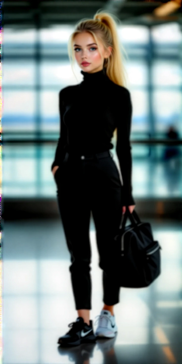 oil painting portrait of a beautiful blonde girl in a black turtleneck and black trousers, standing in black sneakers at the airport with a black track bag, hair pulled back in…