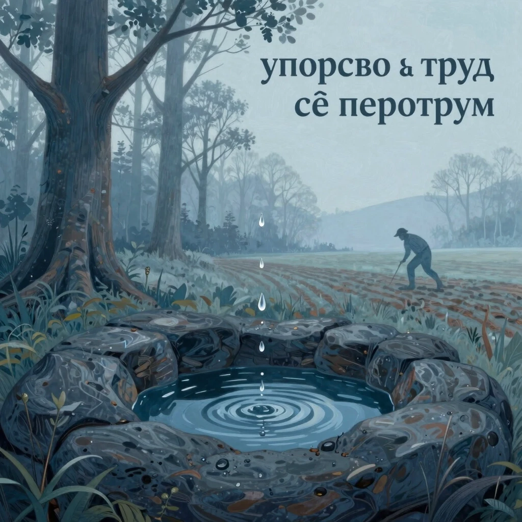 Мощная, символическая иллюстрация к пословице «Упорство и труд всё перетрут». Одна-единственная, настойчивая капля воды падает на большой тёмный камень, медленно создавая в нём…
