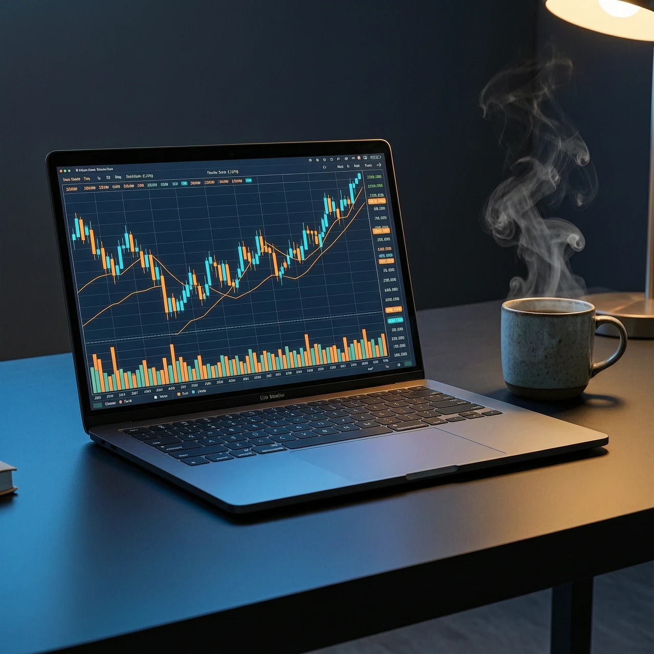 Minimalist cinematic scene, a glowing laptop screen on a dark desk showing a detailed stock chart with multiple indicators, neon blue and amber lighting, a coffee cup with steam…