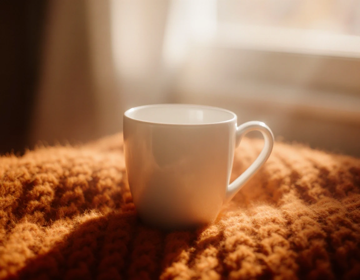 Prompt: Close-up product photography of a blank, matte white ceramic mug resting on a chunky rust-orange knitted blanket. Soft autumn sunlight streaming through a window,…