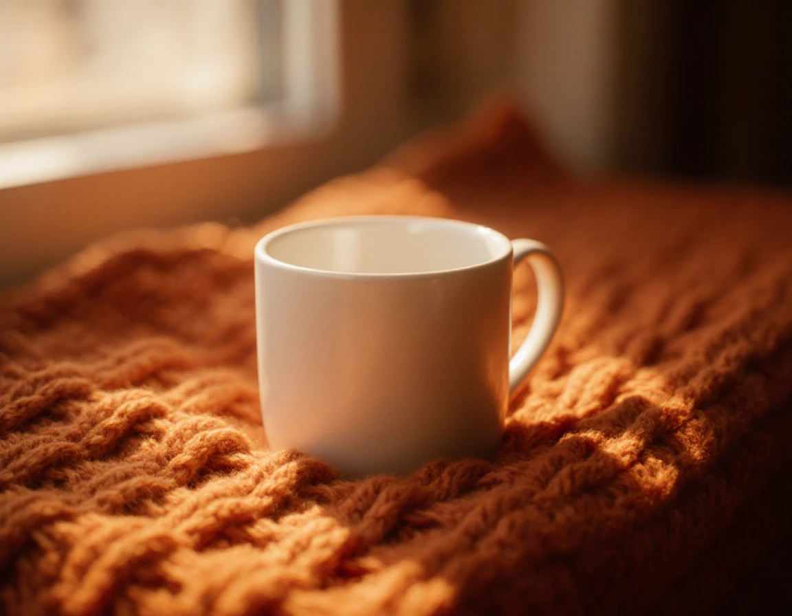 Prompt: Close-up product photography of a blank, matte white ceramic mug resting on a chunky rust-orange knitted blanket. Soft autumn sunlight streaming through a window,…