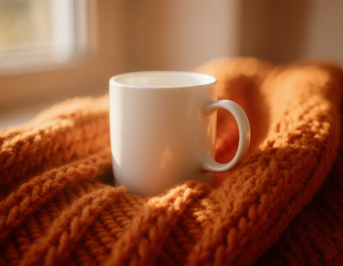 Prompt: Close-up product photography of a blank, matte white ceramic mug resting on a chunky rust-orange knitted blanket. Soft autumn sunlight streaming through a window,…